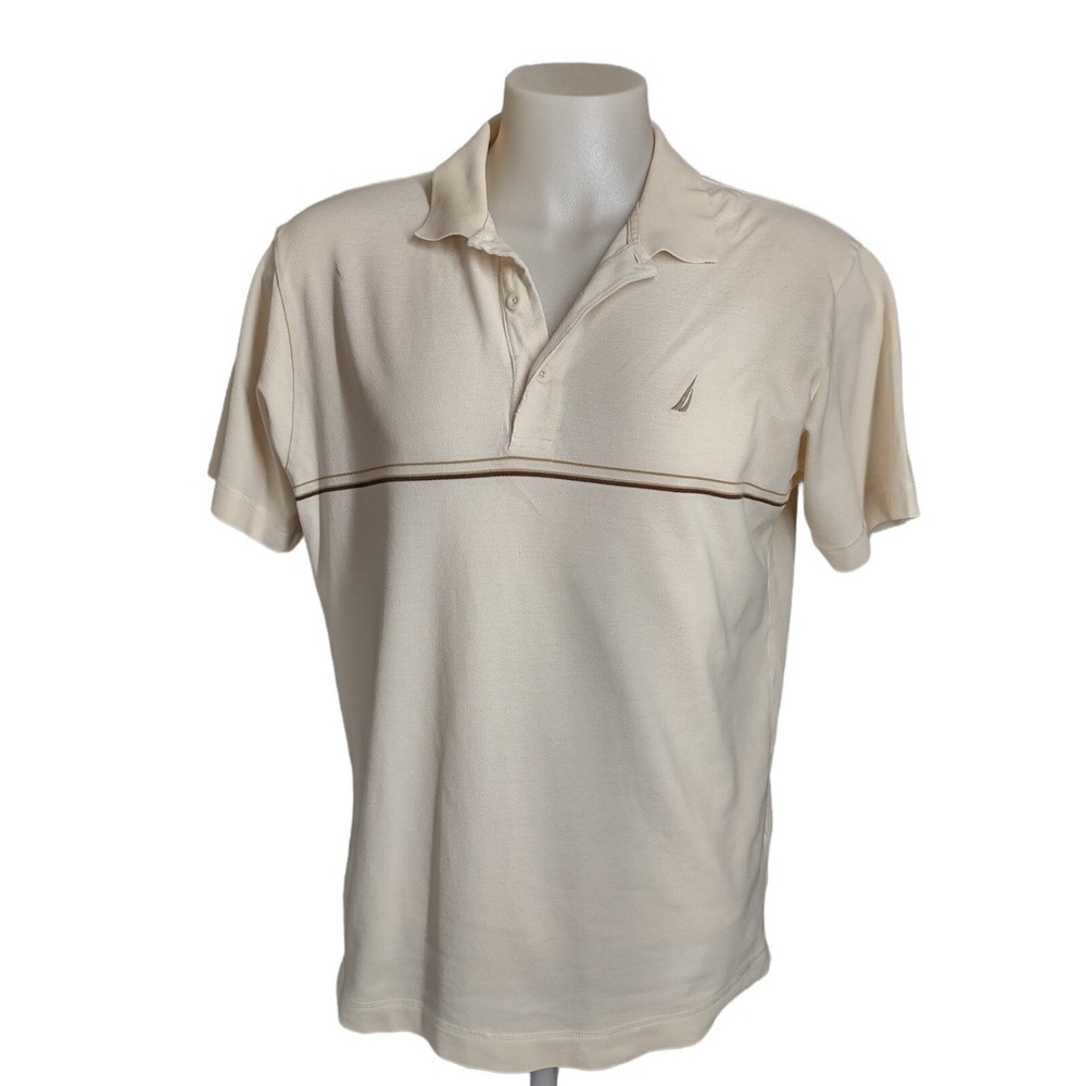Nautica Mens Polo Shirt Lg. Collared 3 button Embroidered Tan Logo Short sleeve